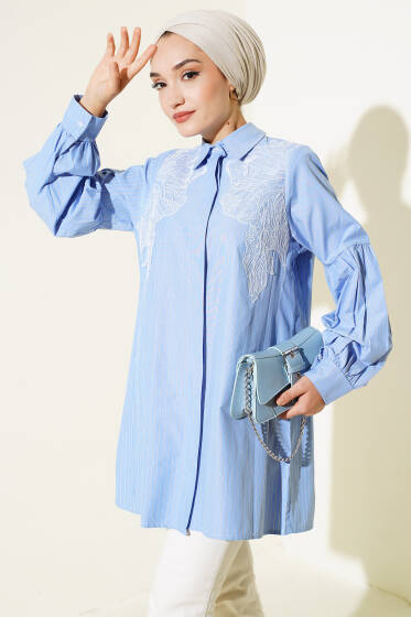 Önü Dantel Detaylı Çizgili Gömlek Mavi - Gömlek