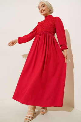 Önü Dantel Örgü Detaylı Elbise Kırmızı - Thumbnail