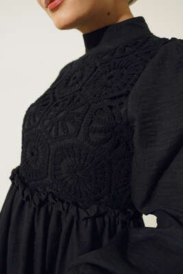 Önü Dantel Örgü Detaylı Elbise Siyah - Thumbnail
