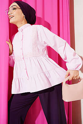 Önü Dantel Şeritli Kısa Gömlek Pembe - NEVA MODA