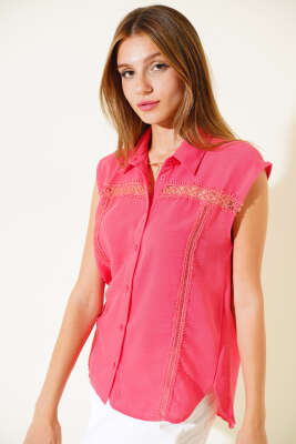 Önü Dantel Sıfır Kol Gömlek Fuşya - Yılın Fırsatı