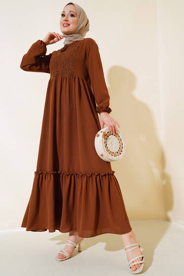 Önü Dantelli Ayrobin Elbise Kahve - Tesettür Elbise