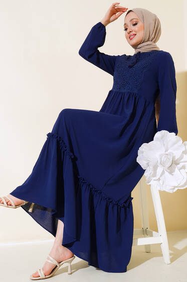 Önü Dantelli Ayrobin Elbise Lacivert - Tesettür Elbise