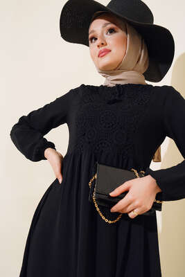 Önü Dantelli Ayrobin Elbise Siyah - Thumbnail