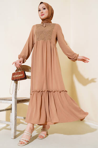 Önü Dantelli Ayrobin Elbise Vizon - Tesettür Elbise