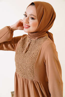 Önü Dantelli Ayrobin Elbise Vizon - Tesettür Elbise