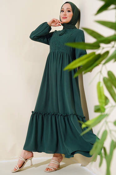 Önü Dantelli Ayrobin Elbise Zümrüt - Tesettür Elbise