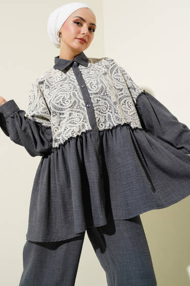 Önü Dantelli Fırfırlı Tunik İkili Takım Füme - İkili Takım