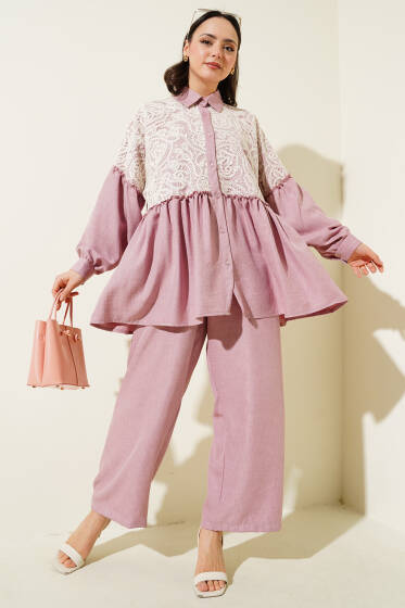 Önü Dantelli Fırfırlı Tunik İkili Takım Pudra - İkili Takım