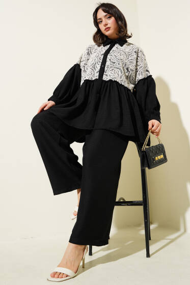 Önü Dantelli Fırfırlı Tunik İkili Takım Siyah - İkili Takım