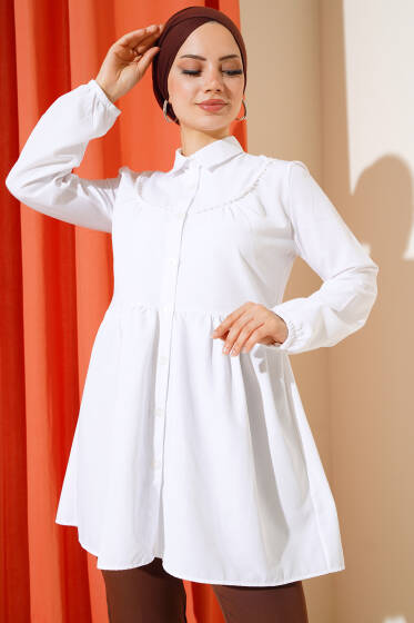 Önü Dantelli Gömlek Beyaz - Tunik