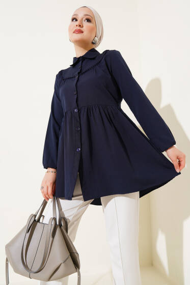 Önü Dantelli Gömlek Lacivert - Gömlek