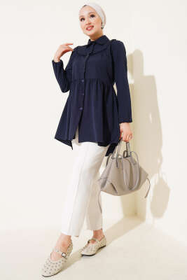 Önü Dantelli Gömlek Lacivert - Tunik