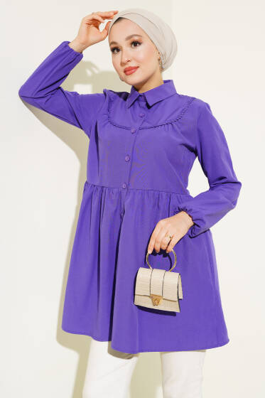 Önü Dantelli Gömlek Mor - Gömlek