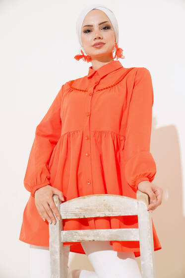 Önü Dantelli Gömlek Oranj - Tunik