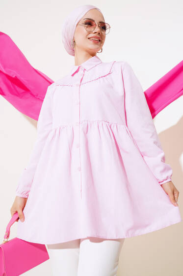 Önü Dantelli Gömlek Pembe - Tunik