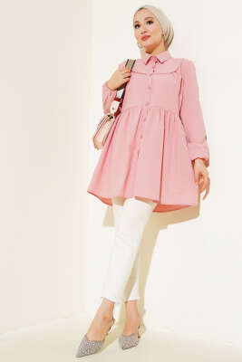 Önü Dantelli Gömlek Pudra - Tunik