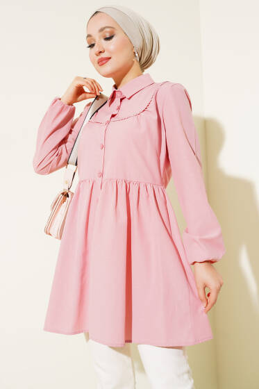 Önü Dantelli Gömlek Pudra - Tunik