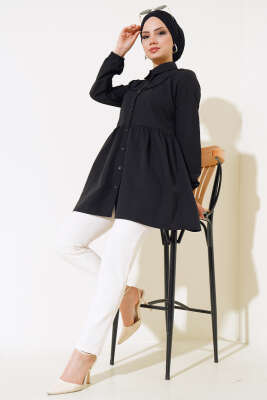 Önü Dantelli Gömlek Siyah - Tunik