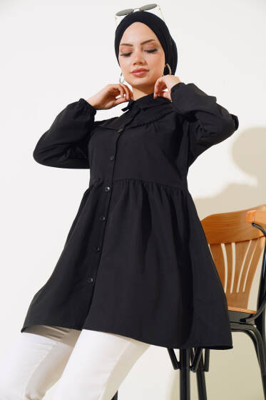 Önü Dantelli Gömlek Siyah - Tunik