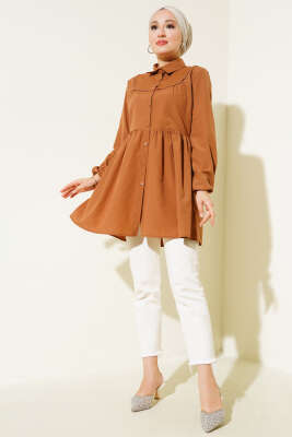 Önü Dantelli Gömlek Taba - Tunik