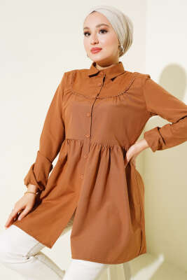 Önü Dantelli Gömlek Taba - ASMİN