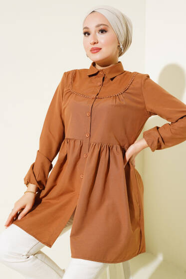 Önü Dantelli Gömlek Taba - Tunik