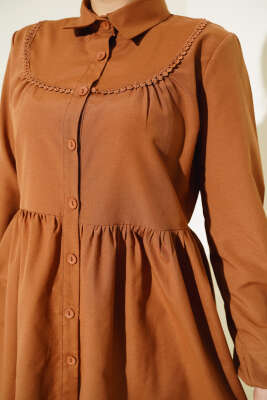 Önü Dantelli Gömlek Taba - Tunik