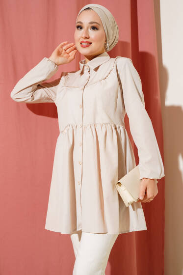 Önü Dantelli Gömlek Taş - Tunik