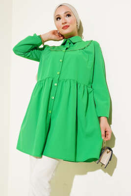 Önü Dantelli Gömlek Yeşil - ASMİN