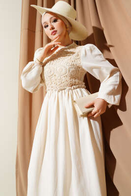 Önü Dantelli Keten Elbise Ekru - Tesettür Elbise