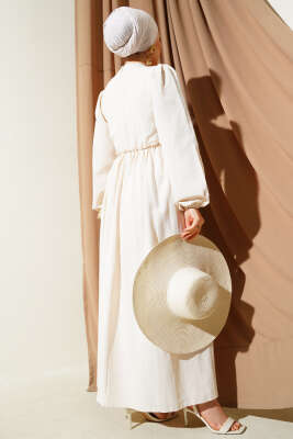 Önü Dantelli Keten Elbise Ekru - Tesettür Elbise