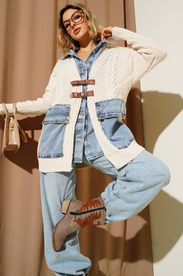 Önü Deri Tokalı Triko Hırka Bej - Kadın Giyim Modelleri