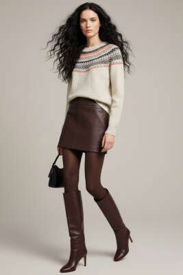 Önü Desenli Triko Kazak Bej - Kadın Giyim Modelleri