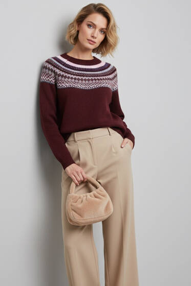 Önü Desenli Triko Kazak Bordo - Kadın Giyim Modelleri