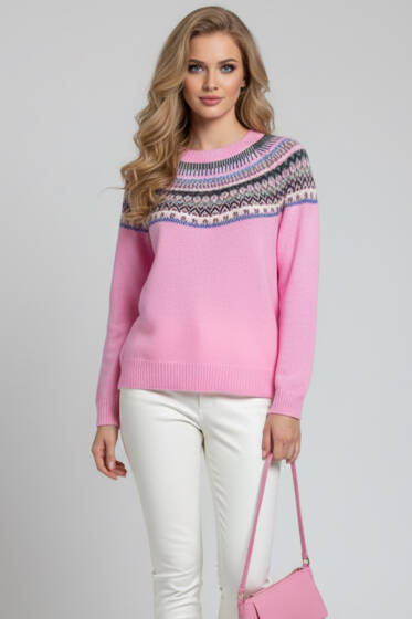 Önü Desenli Triko Kazak Pembe - Kadın Giyim Modelleri