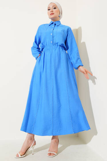 Önü Dikiş Detaylı Etekli İkili Takım Saks - İkili Takım