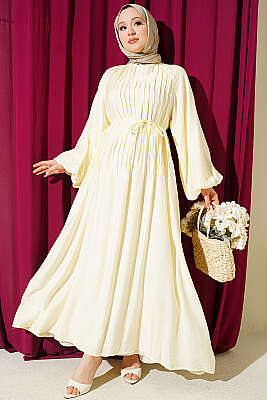 Önü Dikiş Detaylı İp Bağcıklı Elbise Sarı - ZAMANE (QSS)