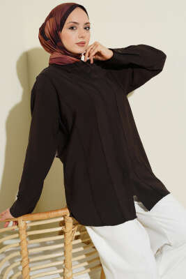 Önü Dikiş Detaylı Salaş Gömlek Acı Kahve - DESTİNA