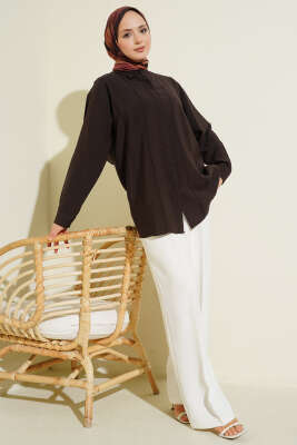 Önü Dikiş Detaylı Salaş Gömlek Acı Kahve - Gömlek