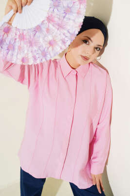 Önü Dikiş Detaylı Salaş Gömlek Pembe - DESTİNA