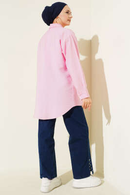 Önü Dikiş Detaylı Salaş Gömlek Pembe - Gömlek