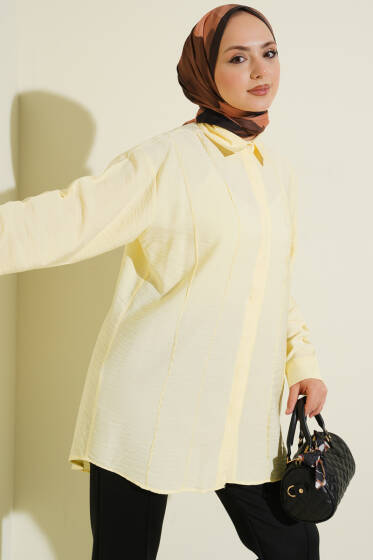 Önü Dikiş Detaylı Salaş Gömlek Sarı - Gömlek