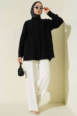 Önü Dikiş Detaylı Salaş Gömlek Siyah - Gömlek