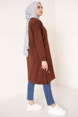 Önü Dikişli Armalı Tunik Kahve - Tunik