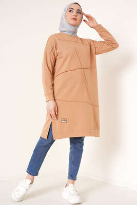 Önü Dikişli Armalı Tunik Latte - Tunik