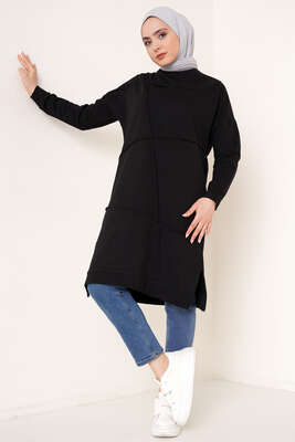Önü Dikişli Armalı Tunik Siyah - Tunik