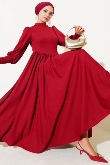 Önü Dikişli Bel Büzgülü Elbise Bordo - Elbise