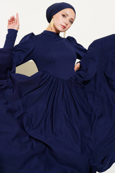 Önü Dikişli Bel Büzgülü Elbise Lacivert - Elbise