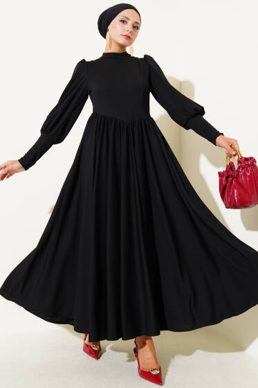 Önü Dikişli Bel Büzgülü Elbise Siyah - Elbise